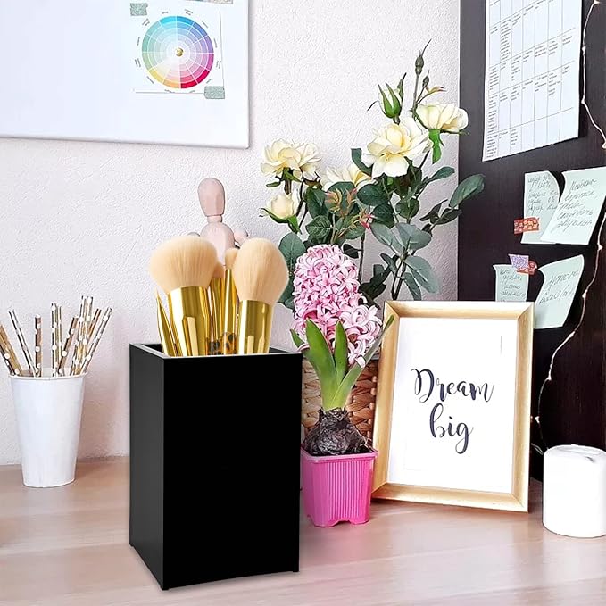 2 Pack Black Acrylic Pencil Pen Holder Cup,Desk Accessories Holder,Makeup Brush Storage Organizer,Modern Design Desktop Stationery Organizer for Office School Home Supplies,2.6x 2.6x 4 inches