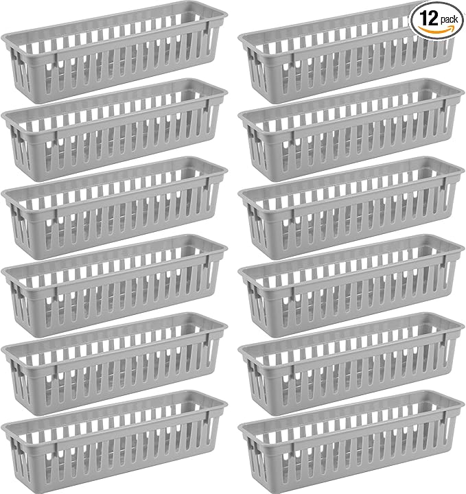 12 Pcs Gray Slim Plastic Storage Baskets Tray 10 x 3 x 2.5 Inch Compact Stackable Desk Organizer for Office, Classroom, School Supplies, and Home Storage, Organization(Gray)
