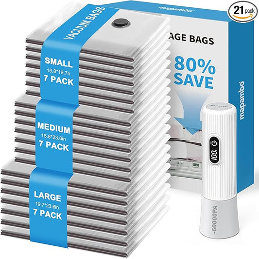 Mapambo Travel Vacuum Bags with -60000Pa LED Electric Pump, 21 Pack Vacuum Seal Bags for Clothing Travel in 3 Combo sizes, Space Saver Vacuum Storage Bags, Saving up to 80% of Space (21 Combo)