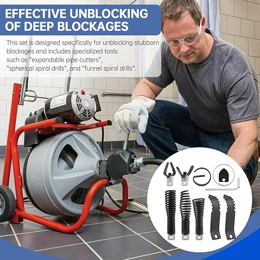 9pcs Drain Auger Drill Attachment, Cutter and Auger Set, Drain Cleaner Combination Cutter Heads for 5/16”-3/4" Cables, Compatible with 50FT-100FT Drain-Cleaning Machines for Sink/Shower/Toilet Clogs