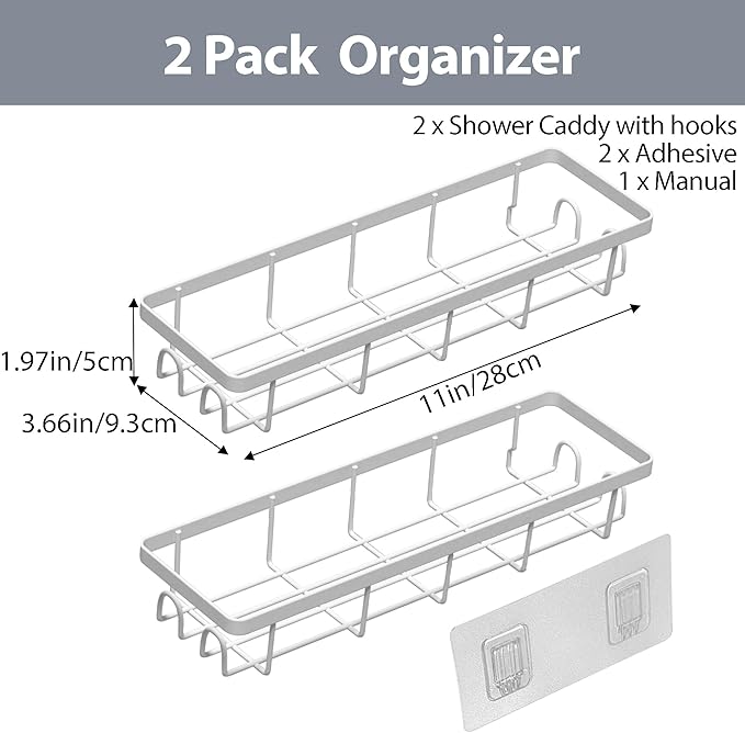 Shower Caddy Organizer with Hooks, Self-Adhesive Bathroom Shelves, No-Drill Bathroom Organizers and Storage, Perfect for RV, Apartment, Home Decor, 2 Pack White