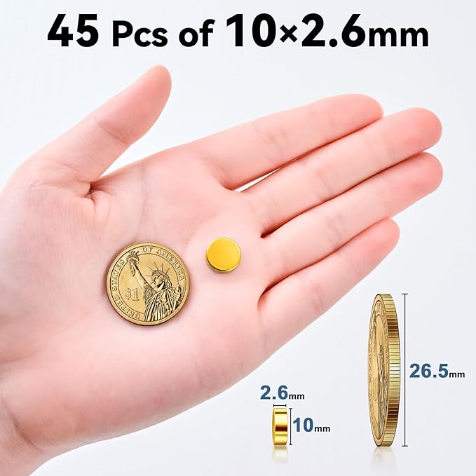 SMARTAKE 45 Pcs Refrigerator Magnets, 10x2.6mm Small Round Fridge Magnets, Multi-Use Premium Neodymium Office Magnets for Fridge, Whiteboard, Billboard in Home, Kitchen, Office and School (Gold)