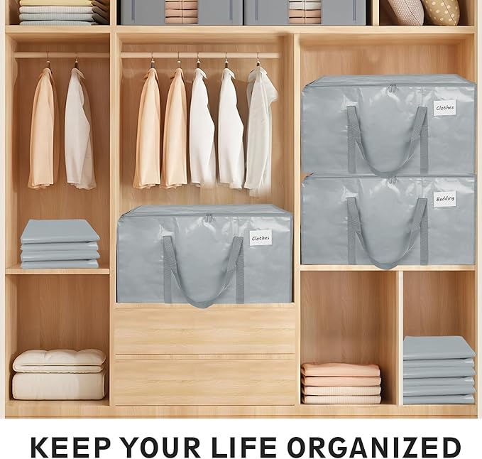 8 Pack-Extra Large Heavy Duty Moving Bags - Waterproof Storage Totes with Handles & Zippers, Foldable for College Dorm, Storage (light gray)