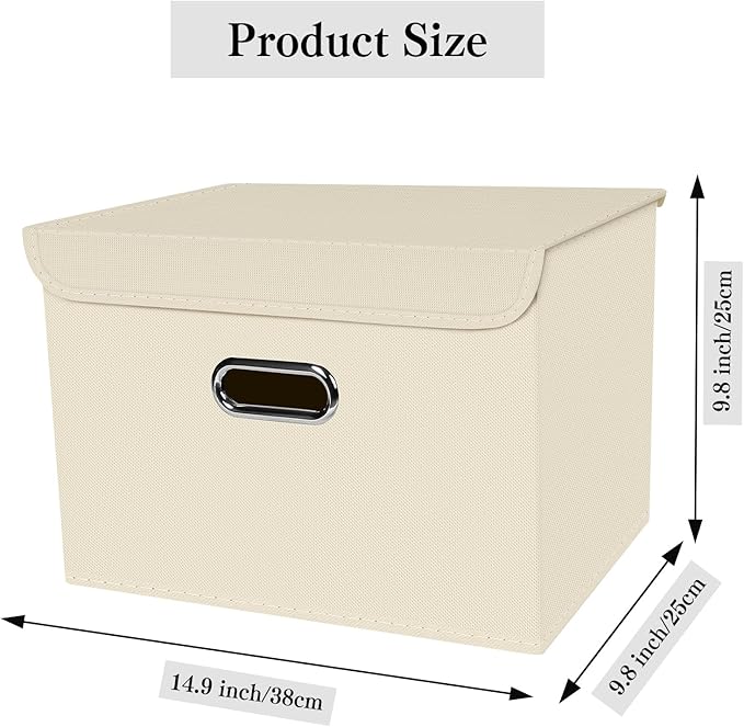 1-Pack Large Collapsible Storage Bins with Lids,Fabric Storage Cubes Organizer for Shelves,Closet,Nursery,Foldable Cube Storage Baskets with Handles,Home Boxes (14.9"x9.8",Creamy-White)