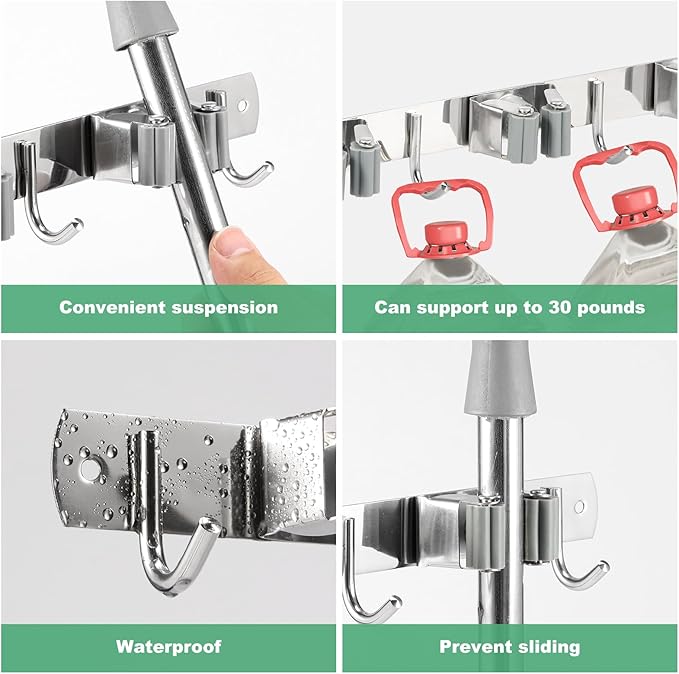 2 Pack Broom Holder Wall Mount 3 Racks 4 Hooks Stainless Steel Broom Mop Holder Anti Slip Storage Rack Strong Load Bearing Waterproof Broom and Mop Organizer Wall Hanging for Bathroom Kitchen Garage