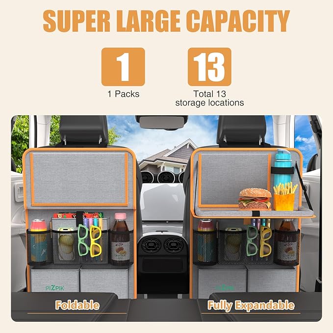 Car Backseat Organizer with Tablet Holder, 11 Storage Pockets with Foldable Food Tray, Protector Kick Mats for Kids, Travel Accessories Organizer (Orange, 1 Pack with Food Tray)