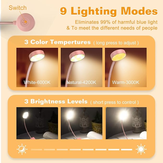 2 Packs Rechargeable Book Reading Light - Adjustable Brightness, 3 Color Temperatures, 30+ Hours Runtime - Eye Care 10 LED Lamp for Reading for Bed,Back to School Gift for Students,Pink & Black