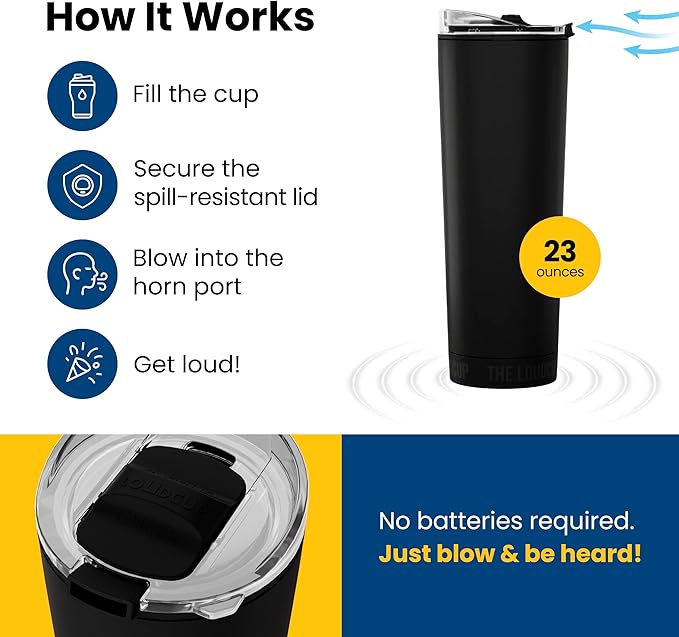 The LoudCup Blow Horn Tumbler, Cheer & Sip 2-in-1 Reusable Water Bottle with Built-In Horn for Sports Games, Tailgates, Parties & Events, BPA-Free
