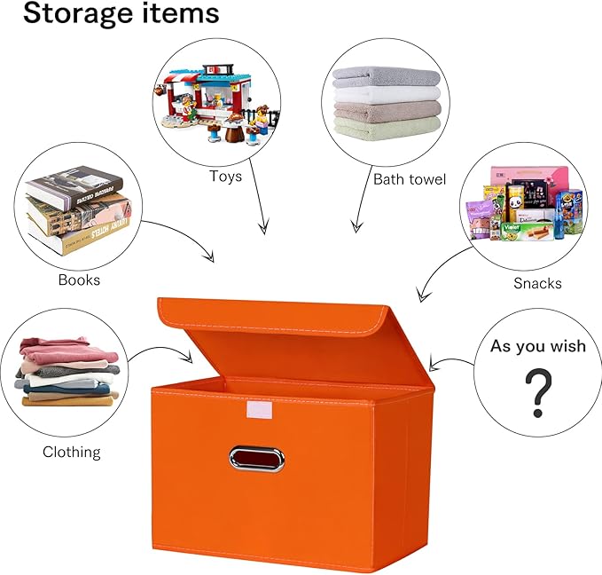Linen Fabric Foldable Collapsible Storage Cube Bin Organizer Basket Fabric Storage Bins with Lid, Leather Handles, Removable Divider for Home, Closet, Orange