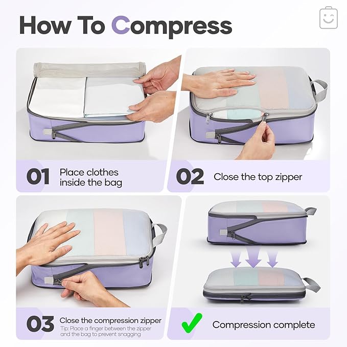 Veken 9/11 Set Compression Packing Cubes for Travel Essentials,Compressible Expandable Large Luggage Suitcase Organizer Bags for Clothing,Durable Space Saver Storage Bags(Purple Gray)