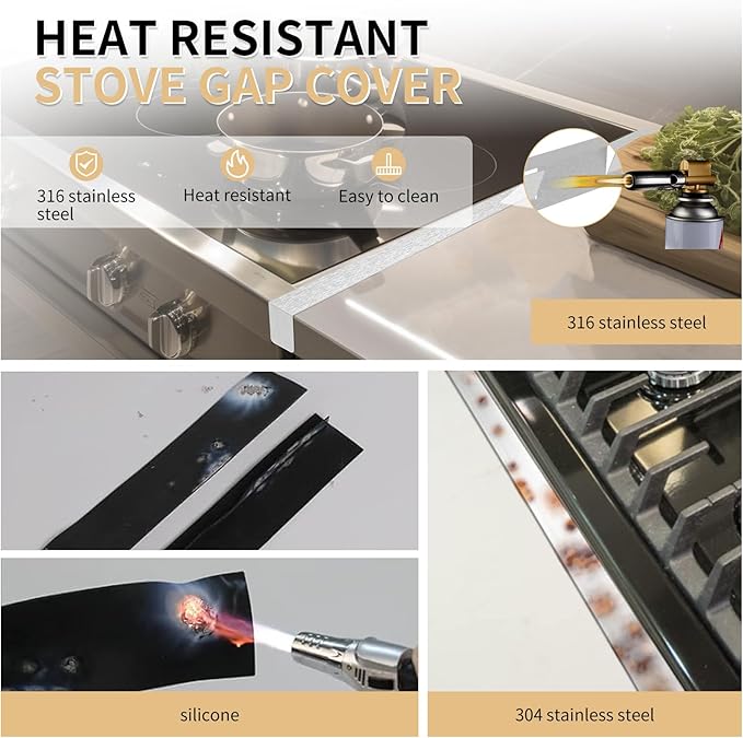 Stove Gap Covers 316 Stainless Steel,2 Pack 23.6-26" Trimmable Stove Gap Filler,Heat Resistant Stove Gap Guards,Between Stove and Counter Slide In Range Trim Kit for Kitchen,Silver