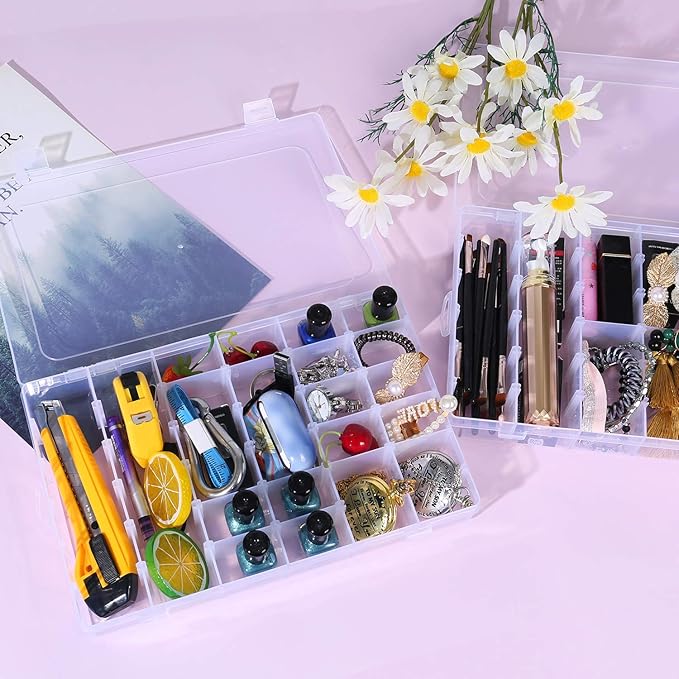 2 Pack 36 Grids Bead Organizer Box, Plastic Craft Organizers and Storage with Adjustable Dividers, Screw, Parts & Tackle Box for Jewelry Making, Art Supplies and Rock Display Case