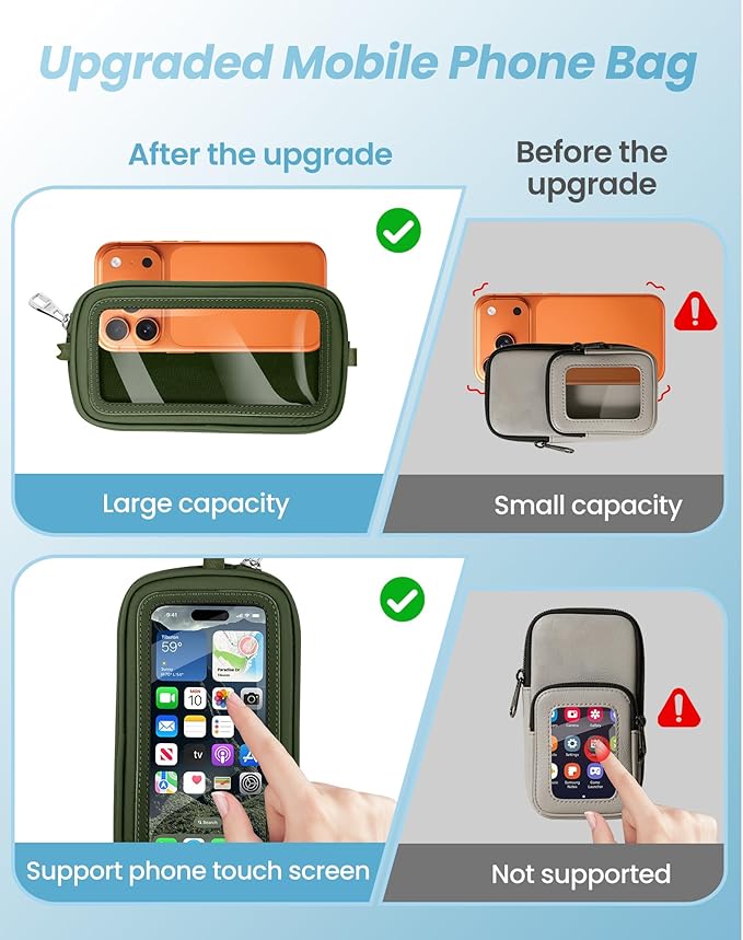 SHANSHUI Clip and Go Phone Strap Wallet Crossbody Phone Lanyard, Detachable Wristlet Strap with Zipper Phone Screen ID Window, 2 Pcs Metal Tether Pads Compatibe for iPhone & Most Smartphones Green
