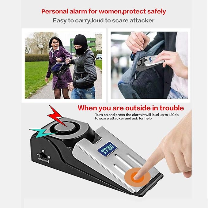 ZZRUI Door Stop Alarm with 120dB Siren, 4 Pack Portable Security Door Stopper Wedge Alarm for Travel, Home, Apartment, Dorm, Hotel, Entry Alert Safety Device for Women & Kids