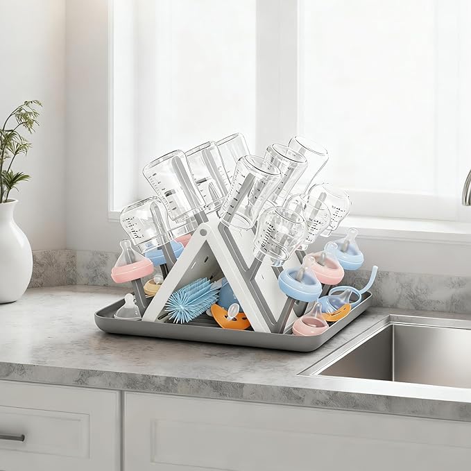 CandyHome Large Baby Bottle Drying Rack, Space Saving 18 Detached Hook Slope Bottle Dryer Holder for Countertop Kitchen Organize Bottles & Baby Accessories Brushes Pacifiers and Pump Part- BPA Free