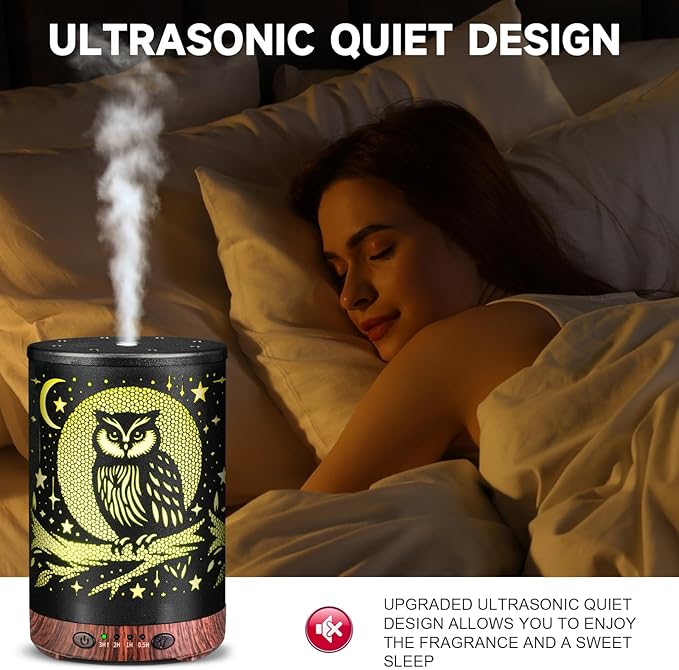 Essential Oil Diffuser Metal Aromatherapy Diffuser, Cool Mist Diffuser with 7 Color Lights for Home Office Spa (Owl)