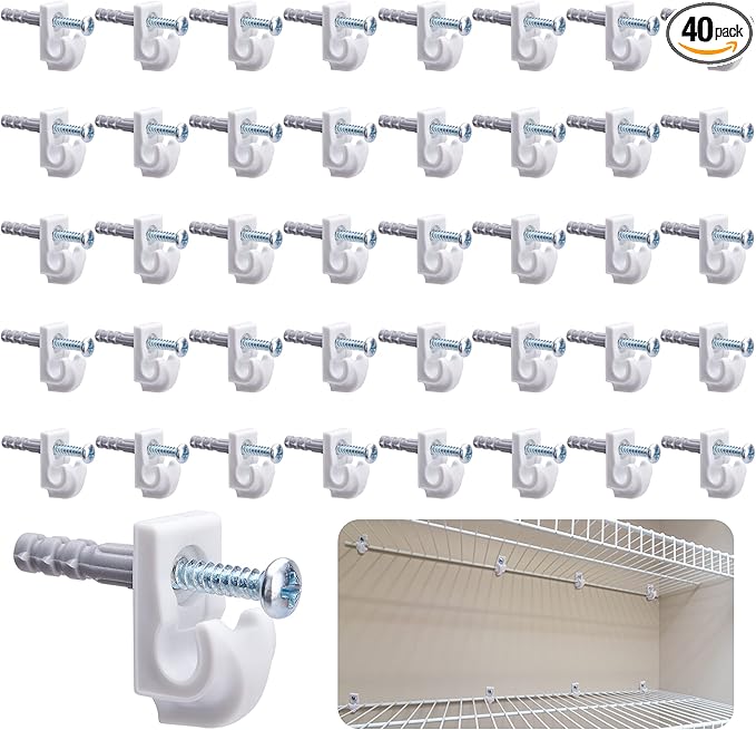 40 Pcs White Down Wall Clips - Wire Shelf Brackets Closet Maid Support Brackets - Plastic Closet Shelves Screws and Expansion Tubes for Wire Shelving