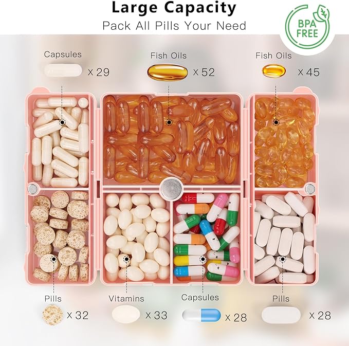 FYY 2 Pcs Daily Pill Organizer, 7 Compartments Portable Pill Case Travel Pill Organizer,[Folding Design] Pill Box for Purse Pocket to Hold Vitamins,Cod Liver Oil,Supplements and Medication-Pink