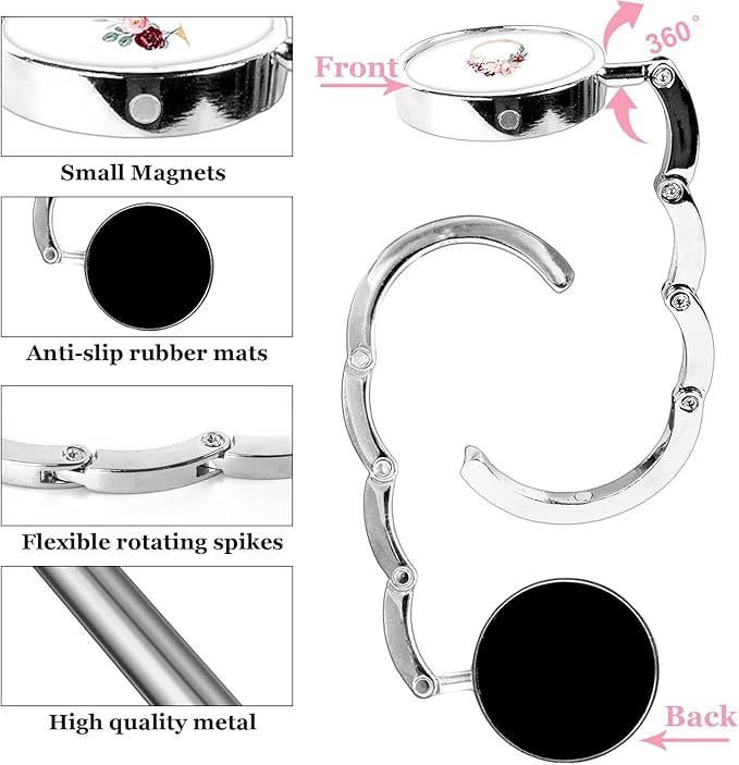 XSUIOY 3Pcs Personalized Initial Foldable Purse Hook for Table,Crushed Flower Letters Folding Purse Hanger,Purse Holder Handbag Hanger Collection Desk Table Bag Hooks Gifts for Women Bag(Pink-O)