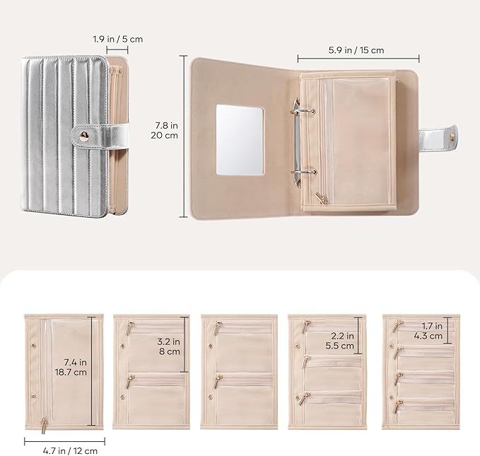 Lolalet Travel Jewelry Organizer Case, Portable Jewelry Storage Book Portfolio Binder with Zipper Velvet Pouch and Built-in Mirror for Women -Silver