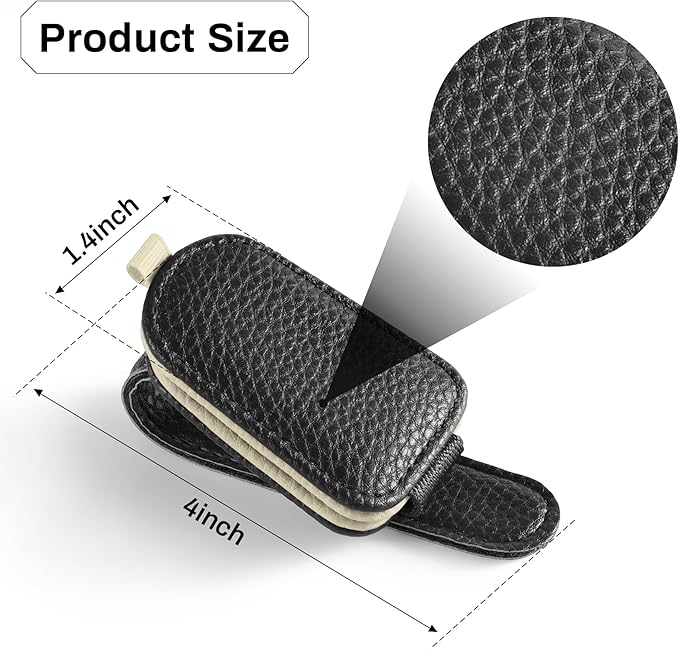 SINGARO Sunglasses Holder for Car, Leather Magnetic Buckle Sun Visor Sunglass Clip, Ticket Card Storage Glasses Clip, Car Interior Accessories for Men and Women（Black-Beige）