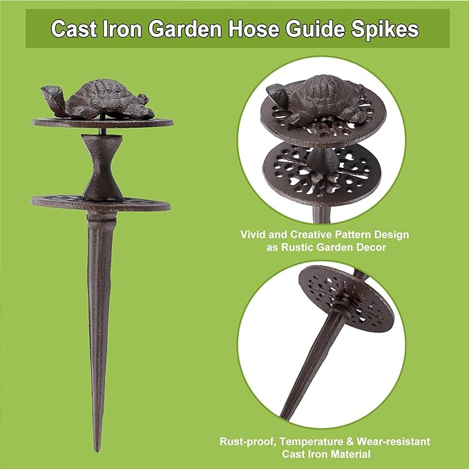 OwnMy Set of 2 Cast Iron Garden Hose Guide Stakes Heavy Duty, Decorative Garden Hose Guide Spikes for Lawn Yard Outside Plants Protection - Keeping Hoses Away from Flower Beds, Turtle Pattern