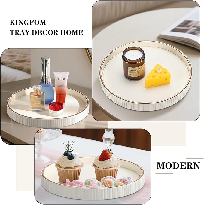 KINGFOM Decorative Serving Tray, PU Leather Valet Nightstand Desk Organizer for Men Women, Round Tray Decor for Coffee Table/Home Decor, Modern Decorative, Centerpiece (Ivory White)
