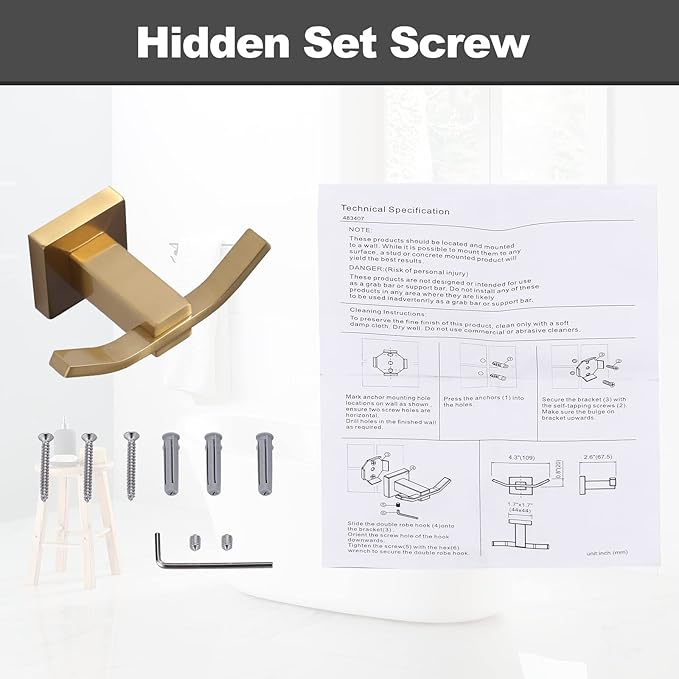 WOWOW Towel Hooks for Bathrooms Gold, SUS304 Stainless Steel Coat Hook, Bathroom Robe Towel Holder, Heavy Duty Robe Hooks, Bathroom Double Towel Hooks for Coats, sponges, Wall Mount
