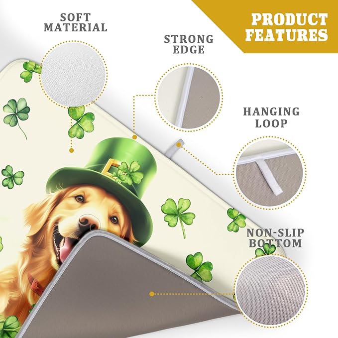 St Patrick's Day Dog Dish Drying Mat 18x24 inch Green Shamrock Dishes Pad Absorbent Microfiber Dish Drainer Mat for Kitchen Counter Coffee