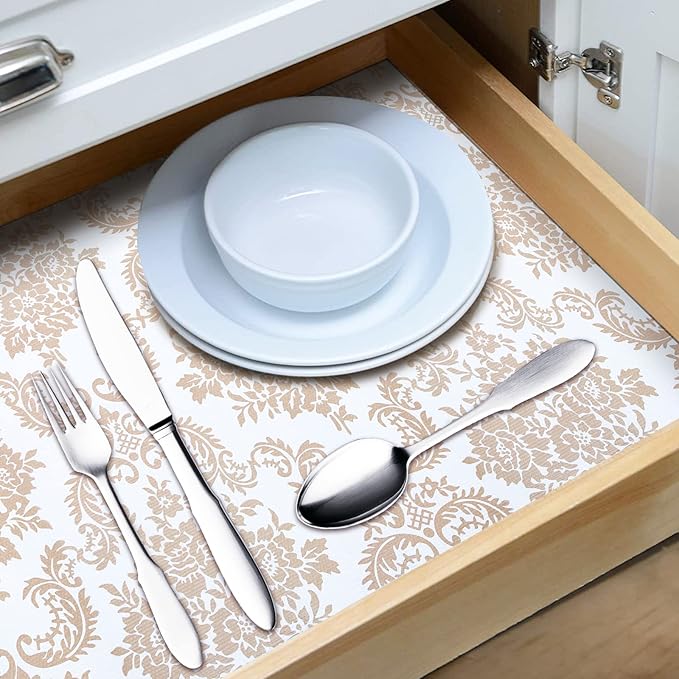 RAY STAR 12X120 Inch Shelf Liner for Kitchen Cabinets, Non-Adhesive Cabinet Liner Washable, PVC Drawer Liner for Dresser Non-Slip Bathroom (Yellow Pattern)(2 Roll)