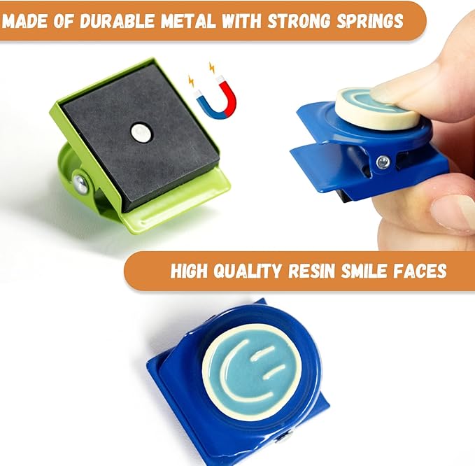 6Pcs Magnetic Clips Refrigerator Magnets – Colorful Happy Face Fridge Magnets for Artwork Display, Classroom Whiteboard & Locker, Teacher Must Haves for School, Home & Office
