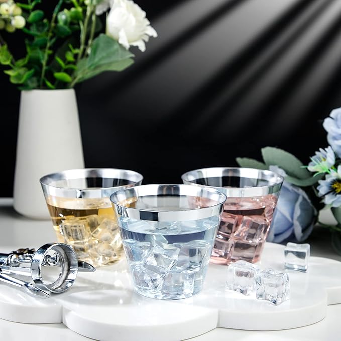 I00000 200pcs Silver Disposable Plastic Cups 9 oz Clear Plastic Cups Old Fashioned Tumblers Silver Rim Cup Disposable Party Cup Elegant Silver Wine Glasses Cocktail Cup
