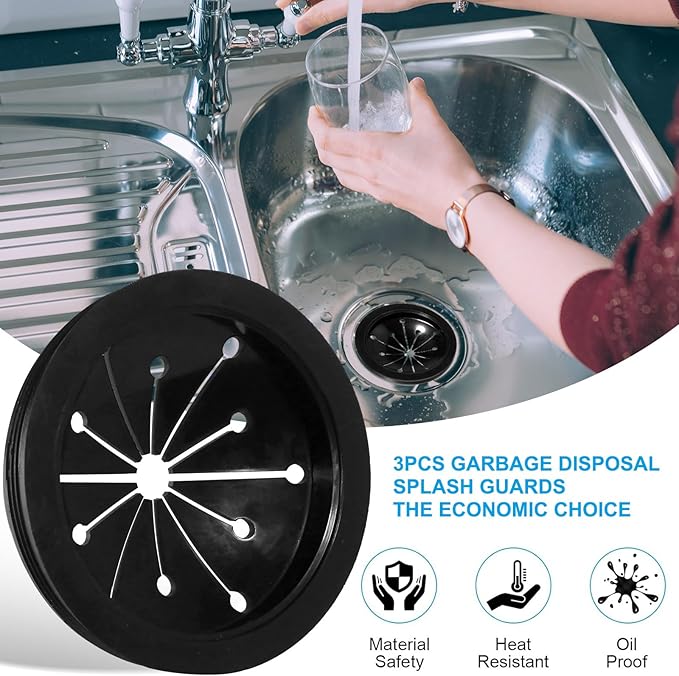 Kitchen Garbage Disposal Rubber Drain Insert,3pcs Garbage Disposal Cover,3 Inch Garbage Disposal Splash Guard,Disposal Splash Guard,Kitchen Sink Rubber Drain Guard, Black, FY616SCFJZ-1