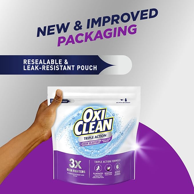 OxiClean Triple Action Odor and Stain Remover Powder, Use with Detergent, Eliminates Tough Odors and Removes Stains, Color Safe and Chlorine Free, 4 lbs
