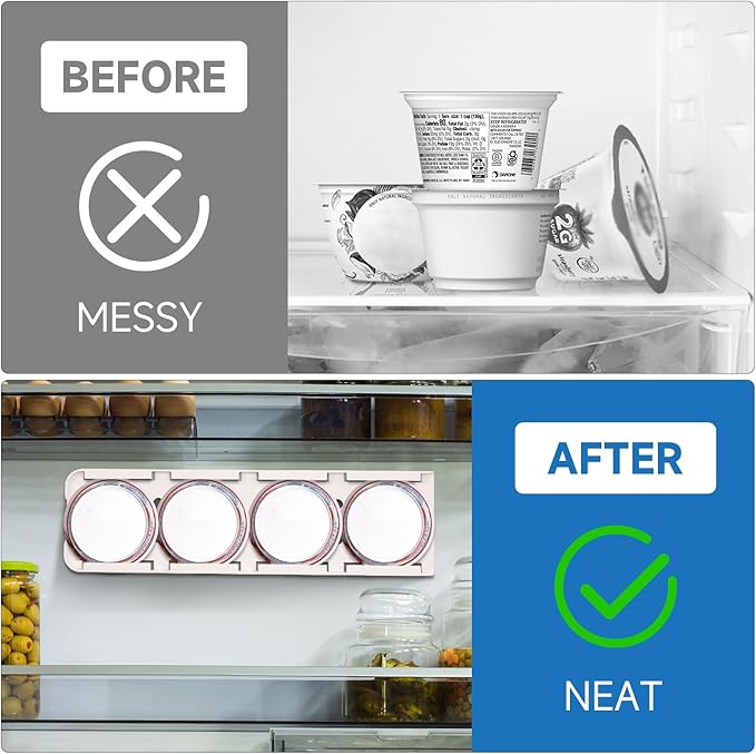 SOPHICO Yogurt Organizer for Fridge, 4 Capacity Sliders for Refrigerator, Holder with Adhesive Tapes for 3.75 Inch Yogurt, Greek and Vegan (White,1 Pack)