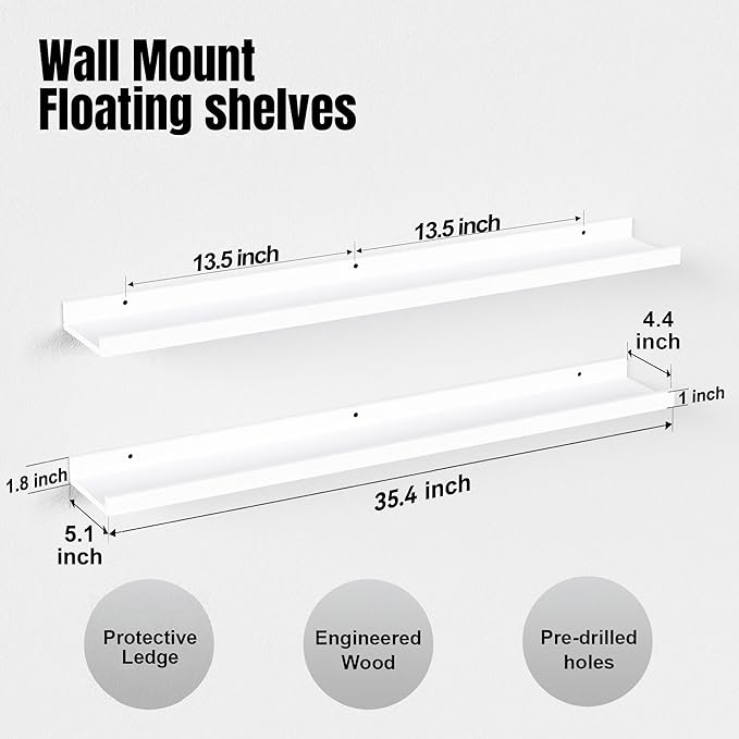 36 Inches Long Floating Shelves Wall Mounted, 2 Set Modern White Shelf for Bedroom, Nursery Book with Lip, Picture Ledge Decor Living Room Bathroom Kitchen - White, 35.4 In