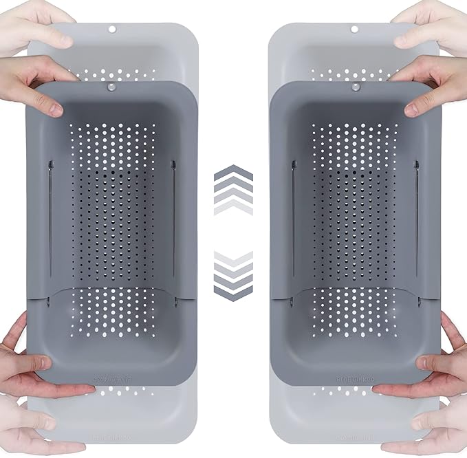 BLUE GINKGO Sink Colander Baskets - (Pack of 2) Wash Vegetables and Fruits, Drain Cooked Pasta and Dry Dishes - Extendable - New Home Kitchen Essentials (2 Grey)