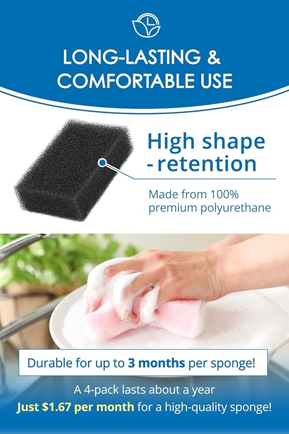 SunSun Sponge Kitchen Sponges, Made in Japan, All Surface, Scratch-Free, Odor Resistant, Durable, Long-Lasting Sponge for Dishwashing, Monochrome, 4 Count