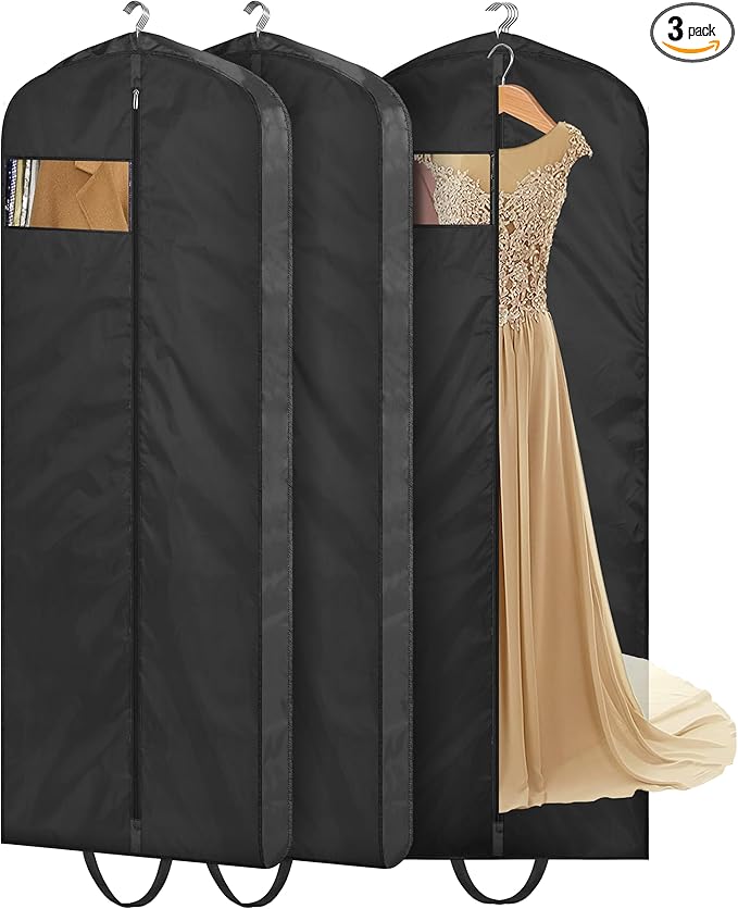 MISSLO 65" Long Garment Bags for Travel Dress Bags for Hanging Clothes Waterproof Wedding Dress Cover Traveling Clothing Protectors for Closet Storage 3-Pack for Gowns, Tuxedos, Coats, Black
