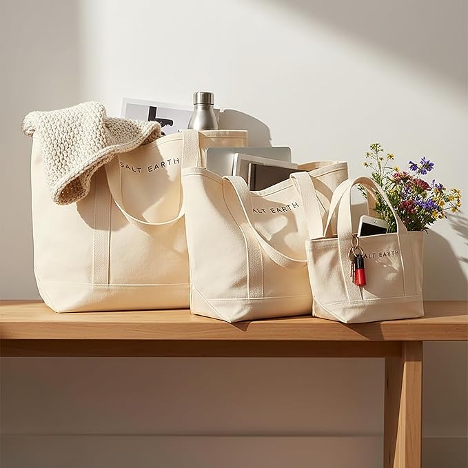 Salt Earth Canvas Tote Bags for Women – Pack of 3 (Large, Medium, Mini), 100% Cotton Multipurpose Unique Reusable Tote Bag Set for Shopping, Work, Travel, Beach, DIY & Christmas Gifts