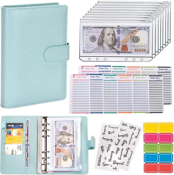 NICOOTHBudget Binder Cash Envelopes A6 Money Saving Binder with Zipper envelopes (Blue)