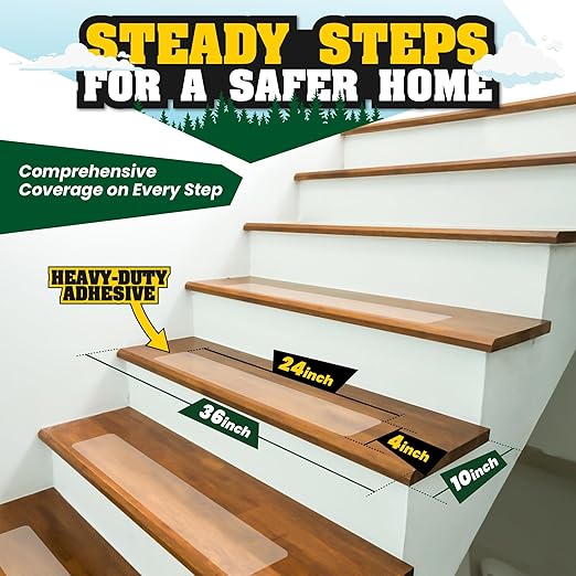 16 Pack Clear Stair Treads for Wooden Steps Indoor - 24"x4" Non Slip Stair Treads Indoor. Self Adhesive, Safe Anti Slip Tape for Kids, Seniors & Pets. Staircase Step Tread Includes Rubber Roller