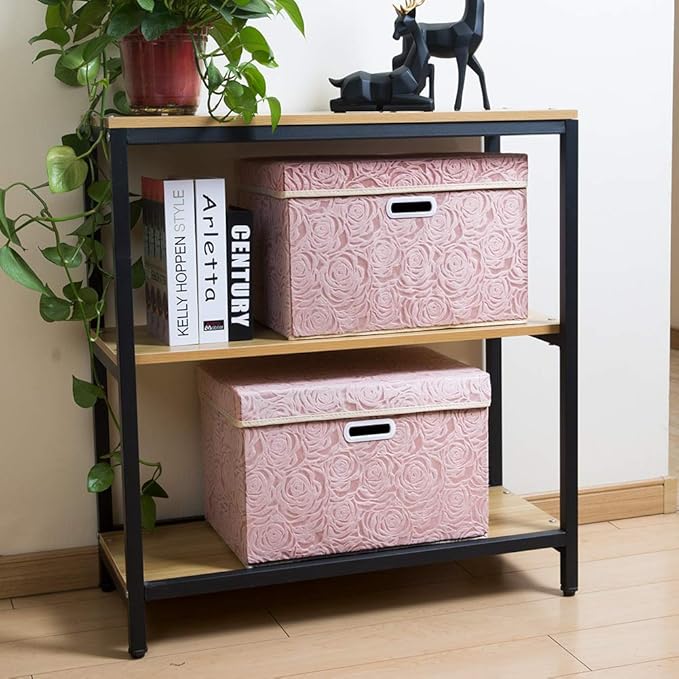 PRANDOM Larger Collapsible Storage Bin with Lid [1-Pack] Fabric Decorative Storage Box Cube Organizer Container Basket with Handles Divider for Bedroom Closet Living Room Pink 17.7x11.8x11.8 Inch