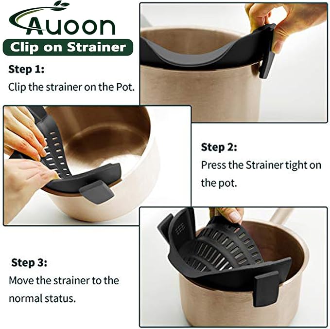 AUOON Clip on Strainer - Silicone Pasta Strainer for Pots Pans and Bowls | Space-Saving Kitchen Essentials for Cooking and Draining | Dishwasher Safe (MilkShake)