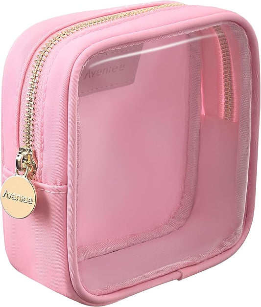 Aveniee Small Clear Makeup Bag, Mini Makeup Bag for Purse Organizer, Cosmetic Bag Travel Zipper Pouch for Women, Cute Car Accessories for Skincare Lipstick Essentials-Pink