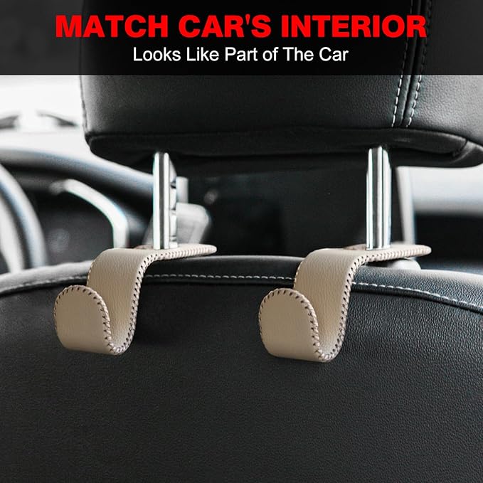 U-Shaped Car Leather Hooks – Car Purse Holder, Headrest Hooks for Car, Back Seat Organizer - Elevate Your Travel Experience!(Beige)