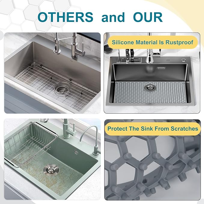 Silicone Sink Protectors for Kitchen Sink with Rear Drain - 26"x 14" Kitchen Protector Accessory, Non-Slip Heat Resistant Grid Mat for Bottom of Farmhous Peorcelain Stainless Steel(Rear Hole)