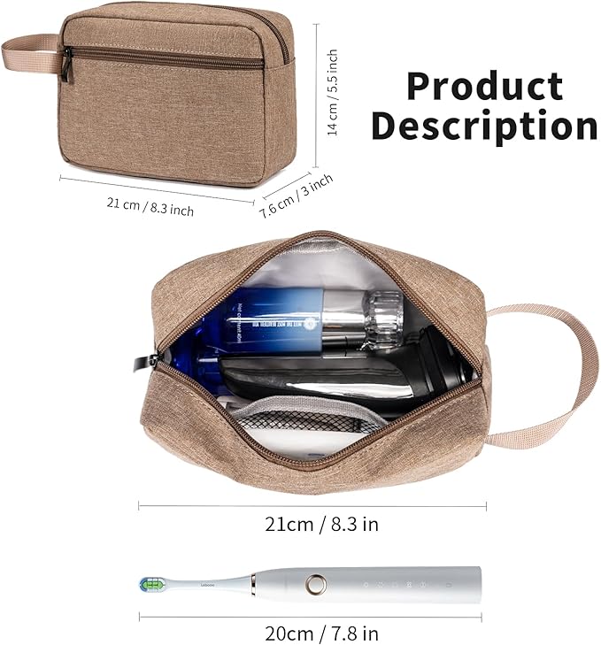 Travel Toiletry Bag, Small Cosmetic Bag, Hanging Water-Resistant Organizer for Men & Women, Ideal for Makeup, Shaving Kit, Gym Essentials & Travel Accessories (Camel)