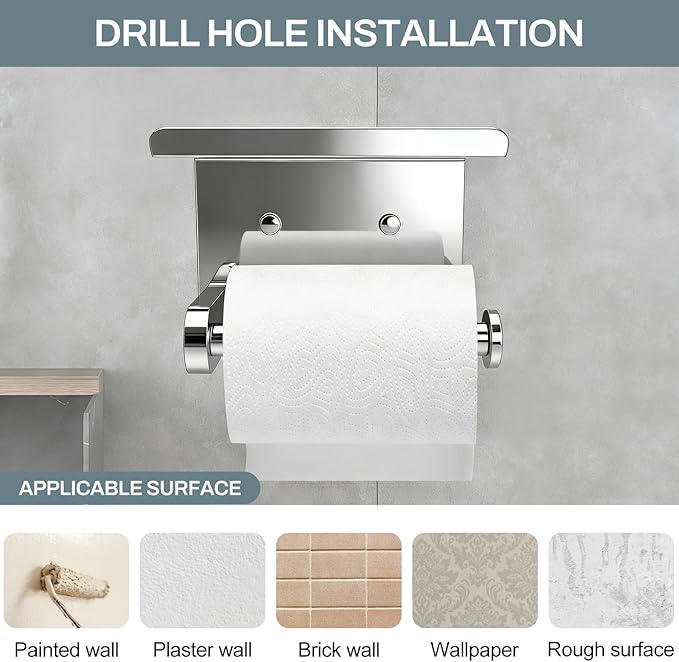 SetSail Toilet Paper Holder with Shelf Adhesive or Screw-in Bathroom Toilet Paper Roll Holders Wall Mount Heavy-Duty Tissue Holder for Bathrooms, Mirror Silver