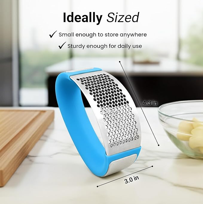 Zulay Kitchen Stainless Steel Garlic Press Rocker Set - Premium Garlic Mincer Garlic Crusher - New Innovative Garlic Crusher with Peeler and Scraper - Comfortable Grip (Blue)